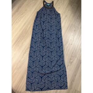 Escapada Blue White Geometric Print Beaded Halter Neck Maxi Dress Womens Medium